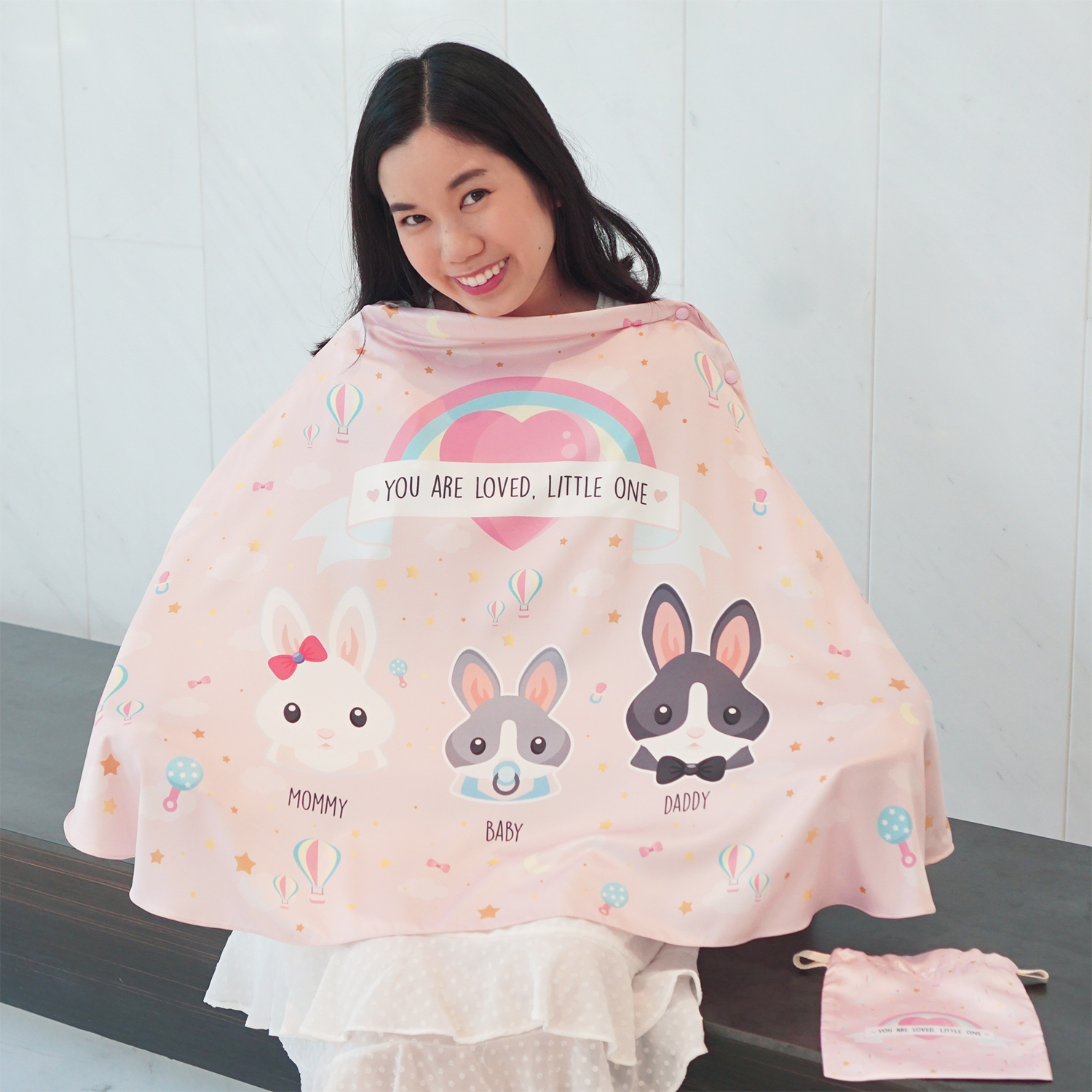 ผ้าคลุมให้นม (รุ่นมีกระดุม ถอดโครงได้) พร้อมส่ง ลาย Rabbit & Rainbow - Pink