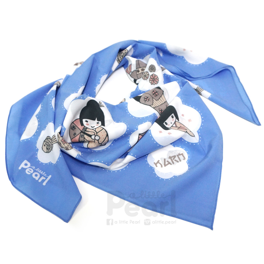 ผ้าพันคอสั่งทำใส่ชื่อ ลาย Japanese Dolls - Blue