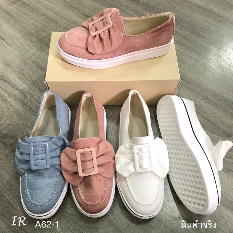 รองเท้าผ้าใบทรงคัทชูแต่งโบว์ (สีชมพู)