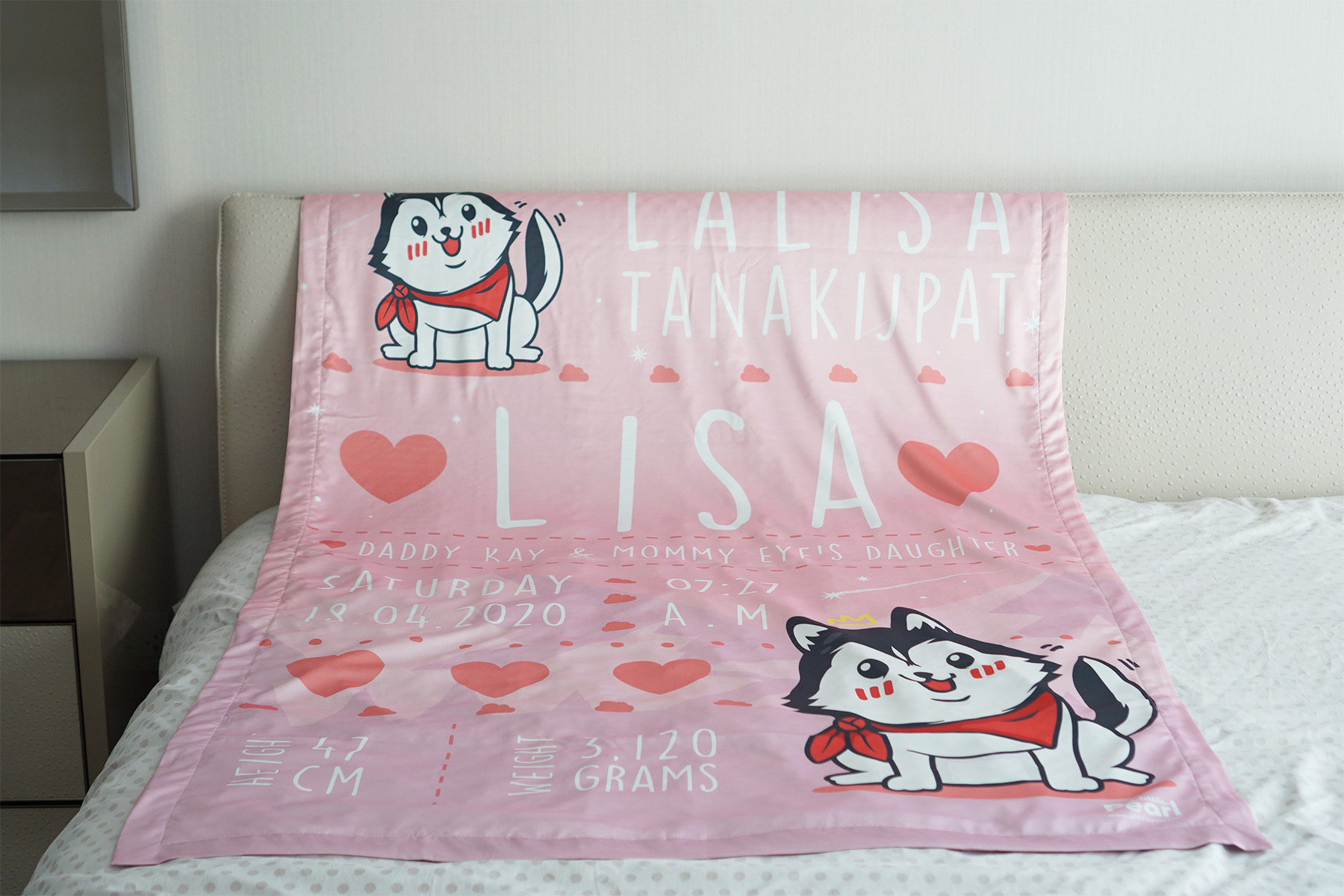 ผ้าห่มเด็ก ใส่ประวัติแรกเกิด ลาย Siberian Husky - Pink