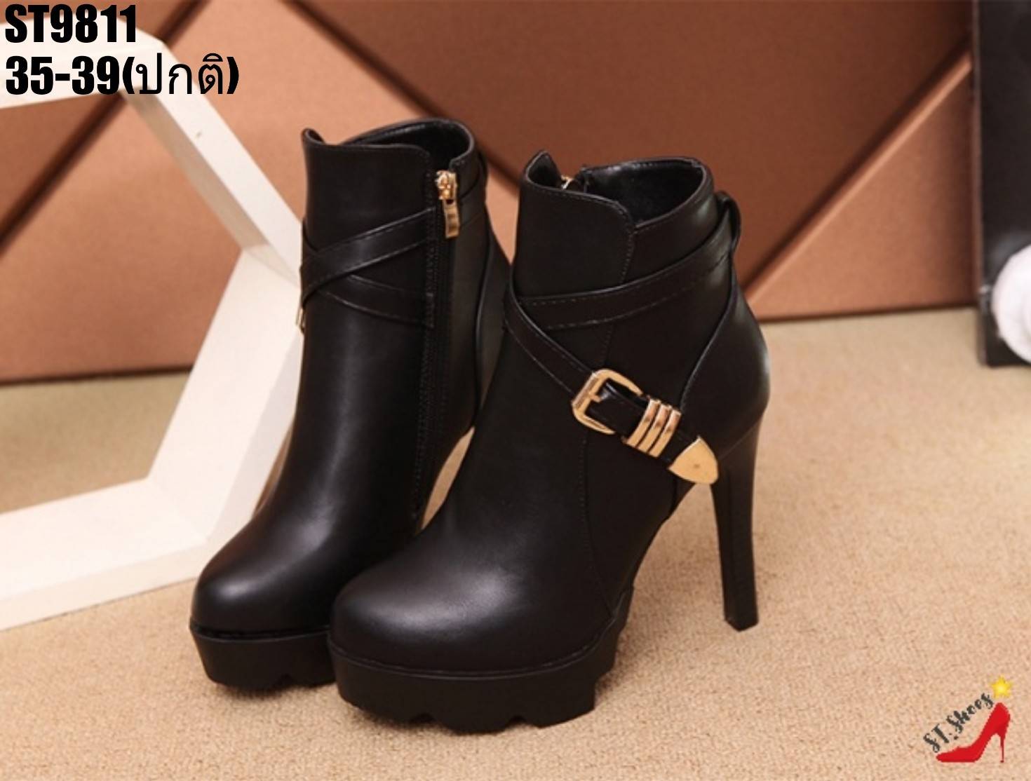 รองเท้าบูทส้นเข็มแต่งเข็มขัด (รุ่นเส้นเดียว)