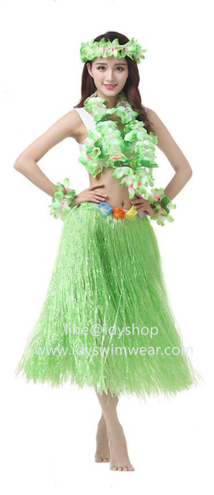 แบบที่ 3 ขนาดยาว 80 cm สีเขียว กระโปรงเชือกฟาง ฮาวาย อย่างหนา + เซทพวงมาลัยดอกไม้ 4 ชิ้น+บราดอกไม้