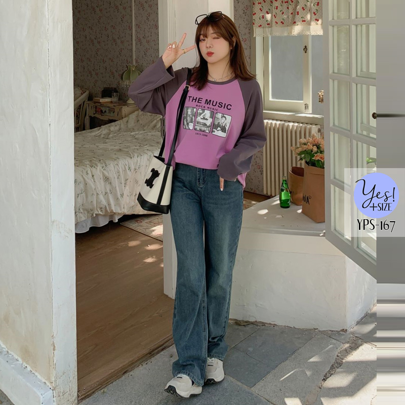 กางเกงยีนส์สาวอวบ (XL-5XL) กางเกงยีนส์เอวสูง ทรงตรง เอวยืดด้านหลัง สียีนส์/ดำ YPS-167