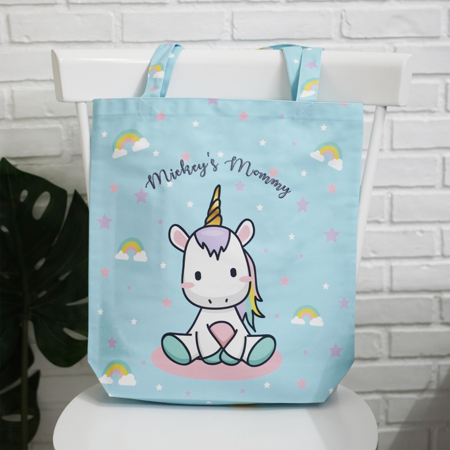 กระเป๋าผ้าแคนวาส ปักชื่อ ลาย Unicorn - Blue