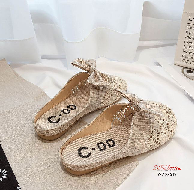 รองเท้าลูกไม้เปิดส้นแต่งโบว์ (สีดำ)