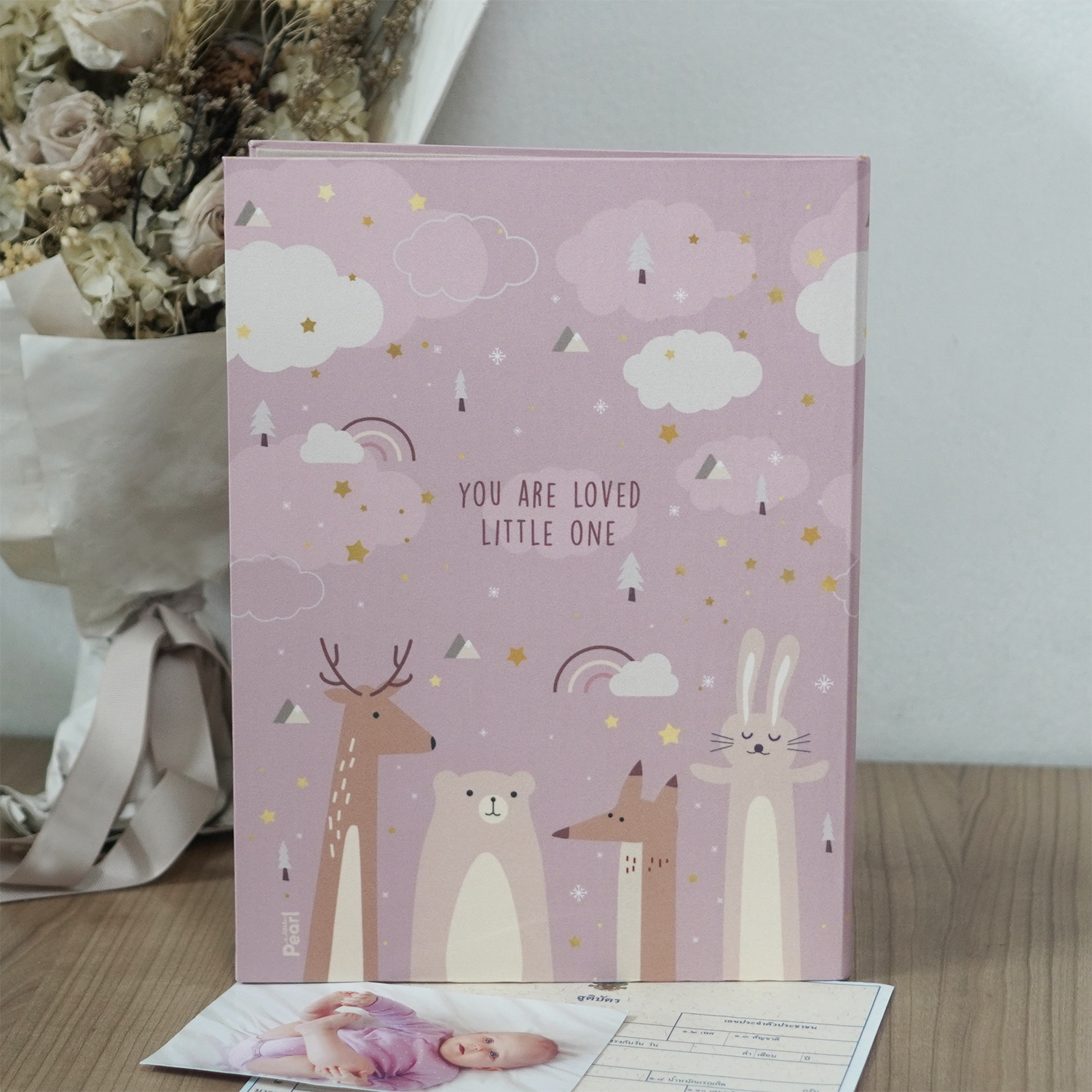 แฟ้มทะเบียนสมรส/สูติบัตร สั่งทำใส่ข้อความ ลาย Woodland - Pink