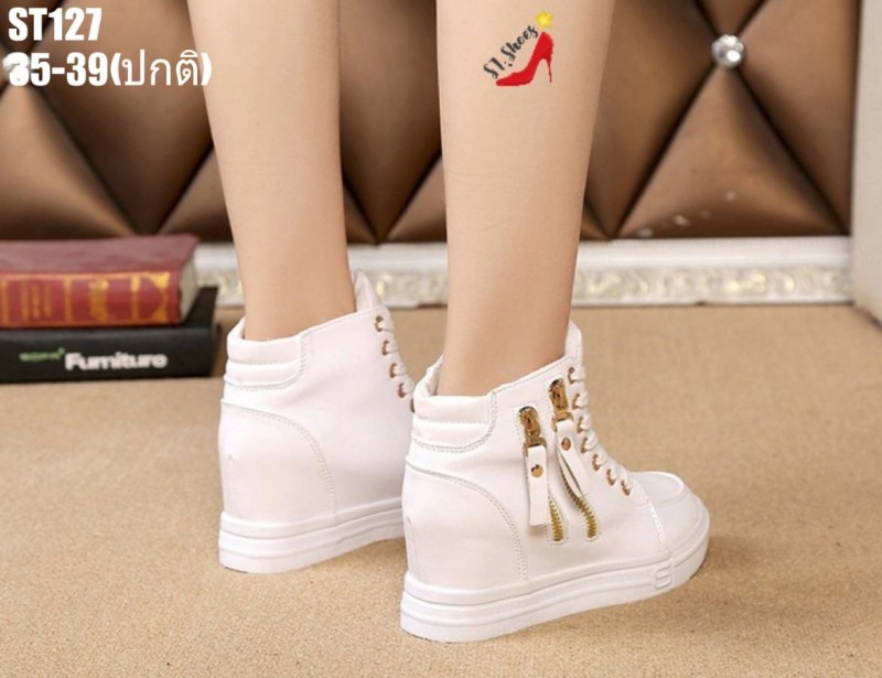 รองเท้าผ้าใบเสริมส้นหุ้มข้อแต่งซิปคู่ (สีขาว)