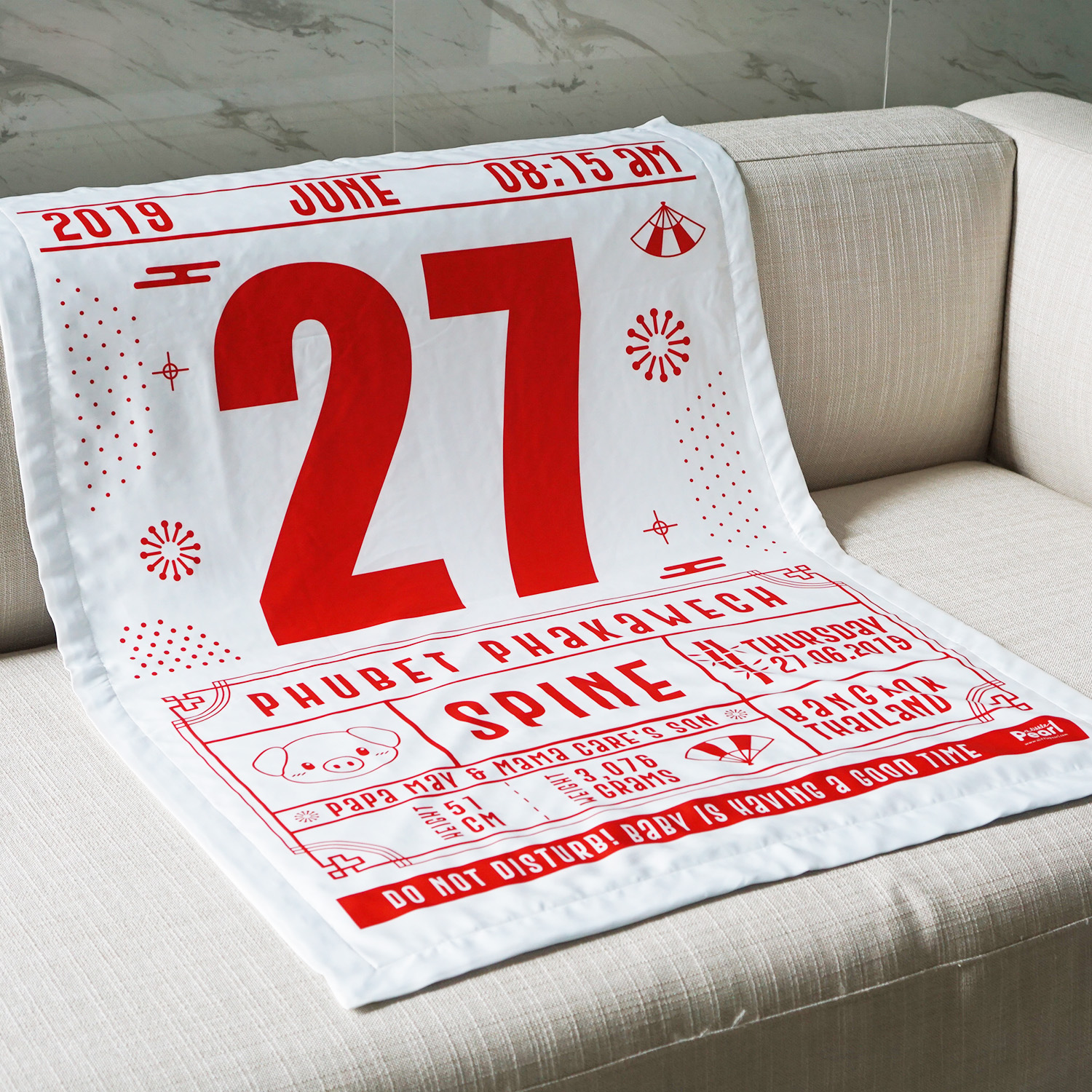 ผ้าห่มเด็ก ใส่ประวัติแรกเกิด ลาย Chinese Calendar - White/Red