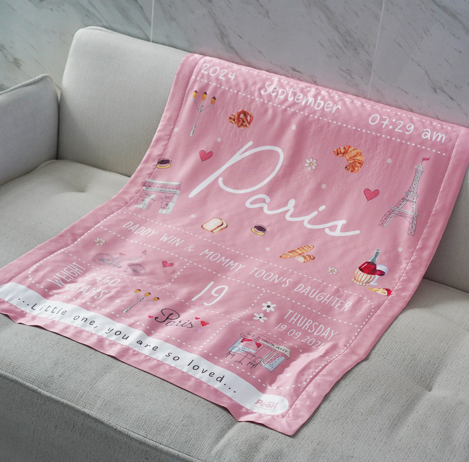 ผ้าห่มสั่งทำใส่ประวัติแรกเกิด ลาย Chinese Calendar - Pink ธีมปารีส