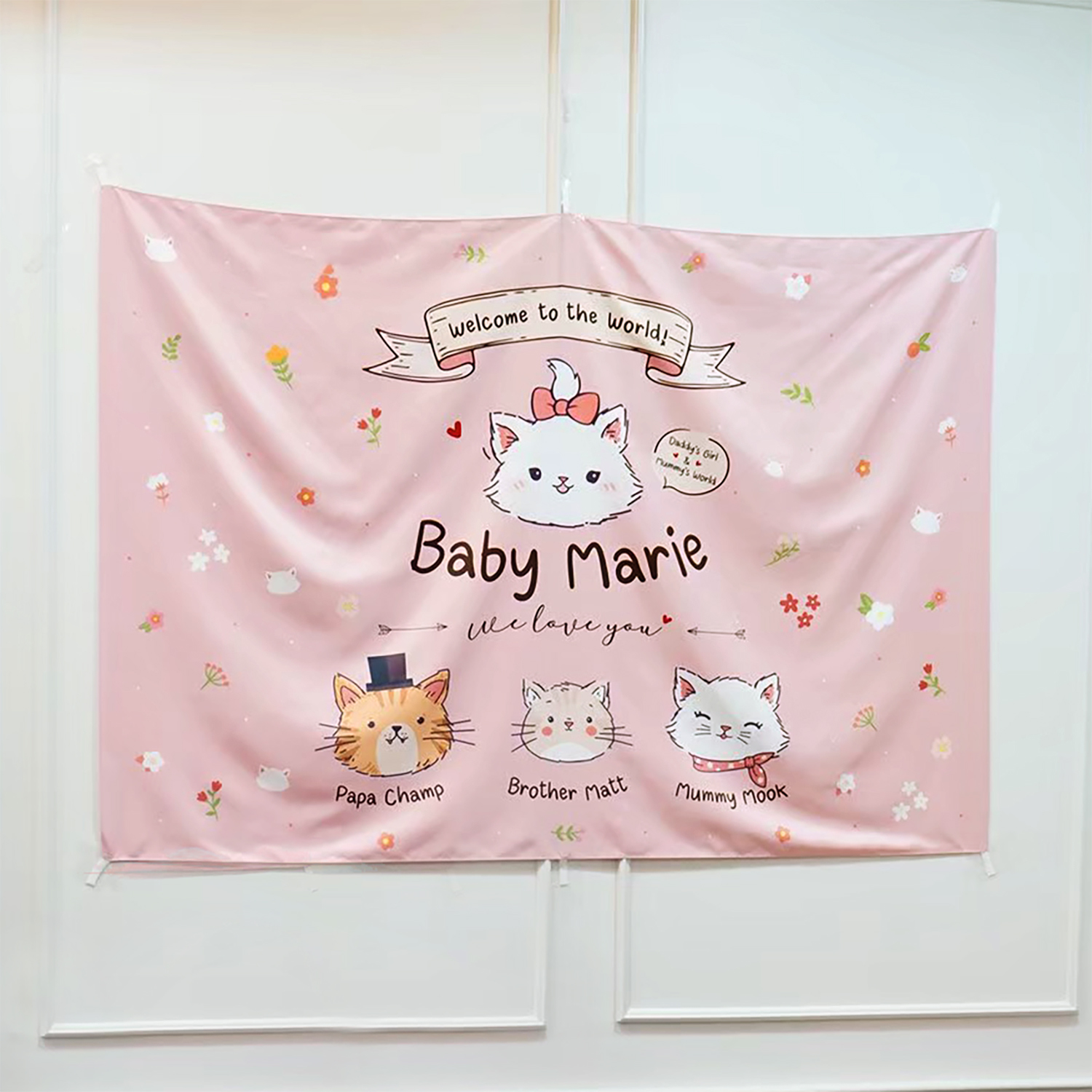ป้ายผ้าฉลองปาร์ตี้ สั่งทำใส่ข้อความ ลาย Marie - Pink