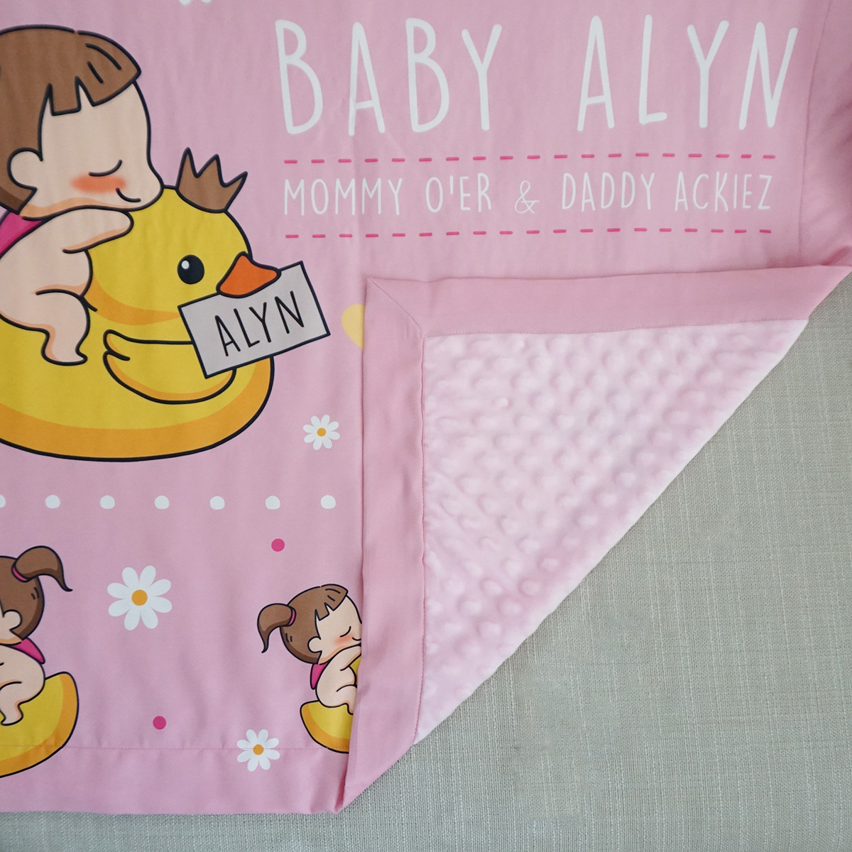 ผ้าห่มเด็ก สั่งทำใส่ชื่อ ลาย Ducky and Baby Girl - Pink