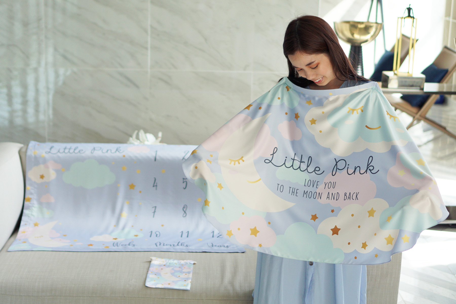ชุดของขวัญเด็กแรกเกิด ผ้าคลุมให้นม + ผ้าห่มขนาด 75x100cm ลาย Moon - Lavender