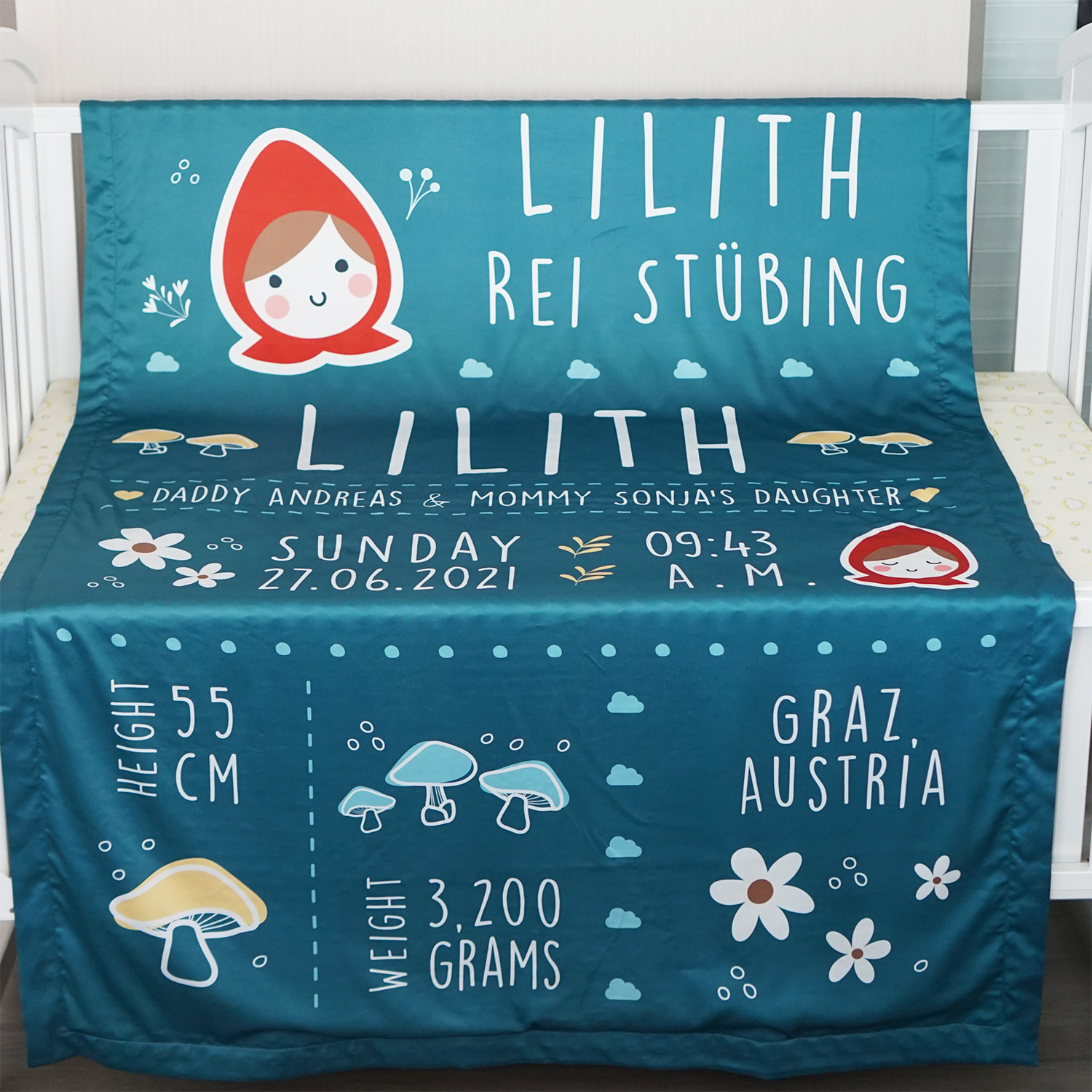 ผ้าห่มเด็ก ใส่ประวัติแรกเกิด ลาย Little Red Riding Hood - Green