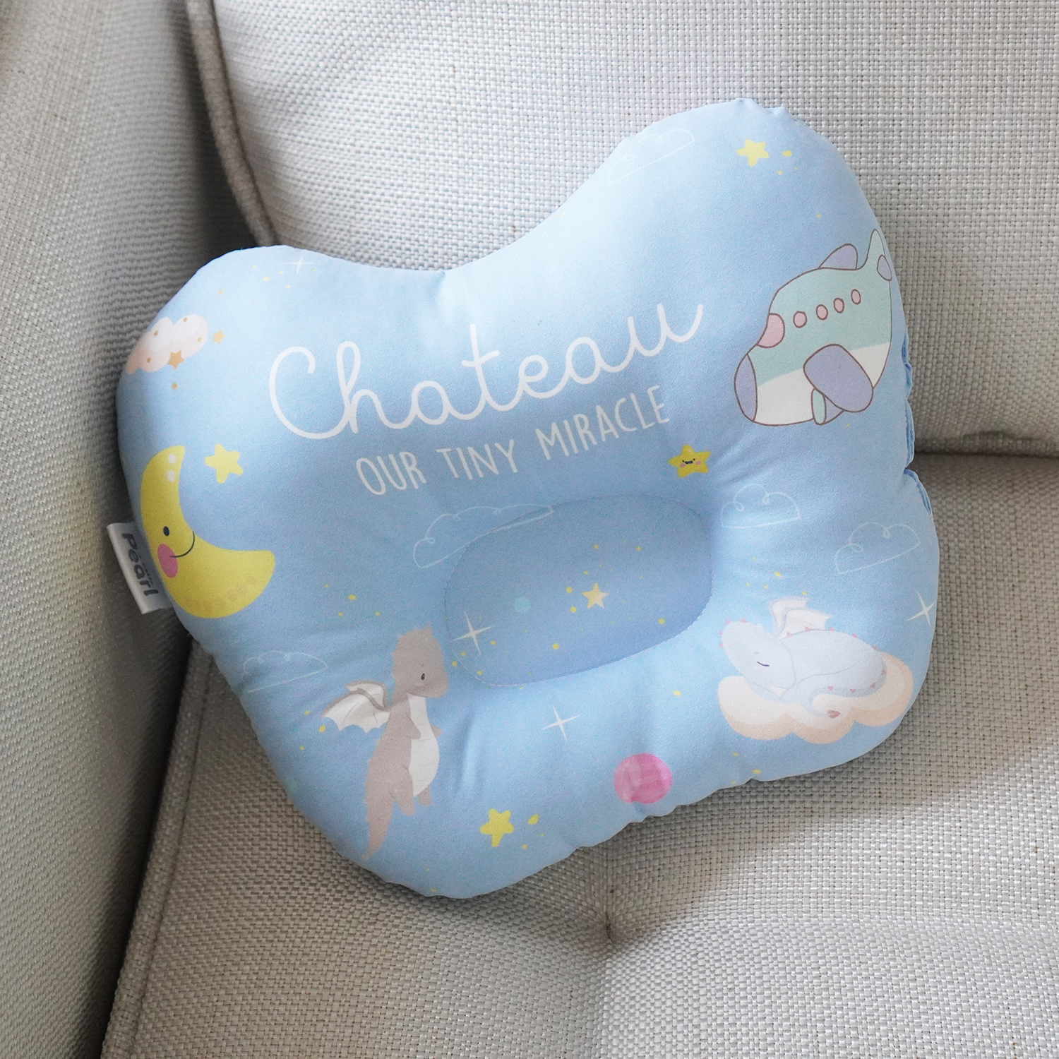หมอนเด็ก หมอนหลุม Baby Pillow สั่งทำใส่ชื่อ ลาย Drgaon with Plane - Blue