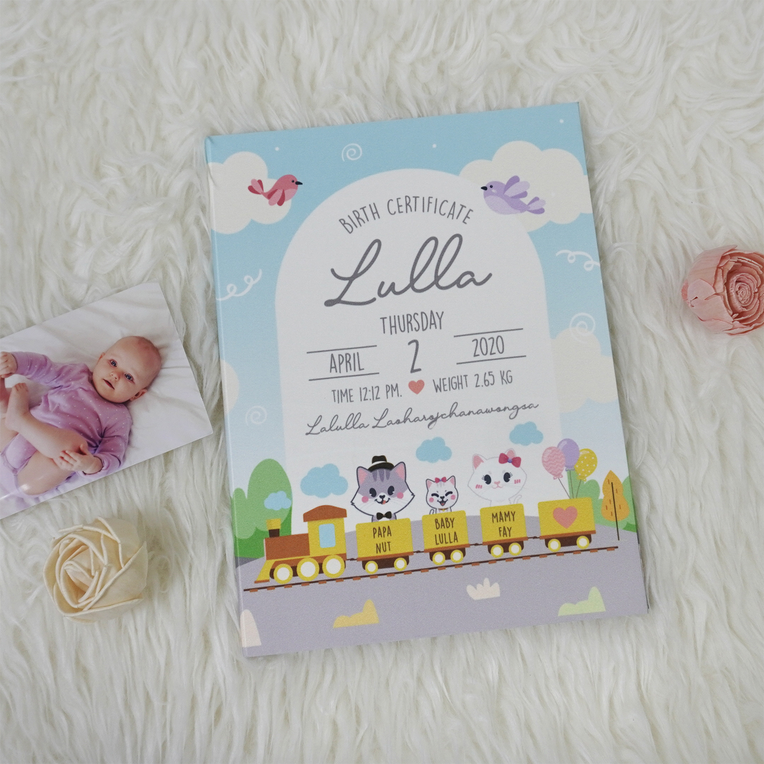 แฟ้มทะเบียนสมรส/สูติบัตร สั่งทำใส่ข้อความ ลาย Train with Kitten Family - Blue