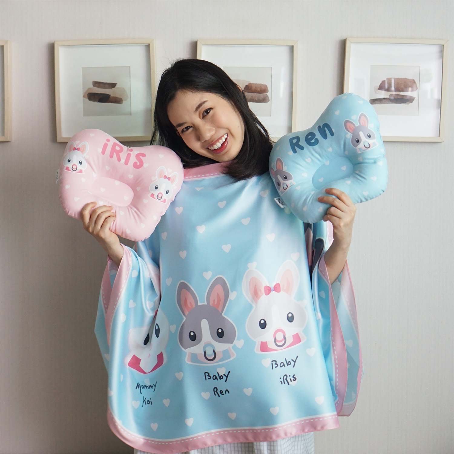 ชุดของขวัญเด็กแรกเกิด หมอนหลุม + ผ้าคลุมให้นม ลาย Rabbit - Blue&Pink (หมอนหลุม 2 ใบ สำหรับแฝด)