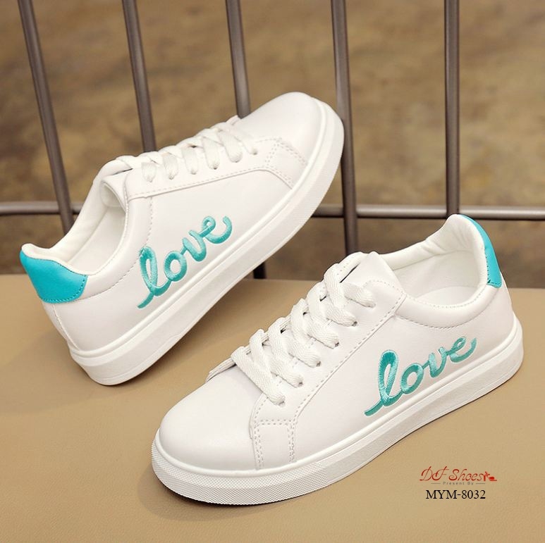 รองเท้าผ้าใบpuปักลายLove (สีชมพู)