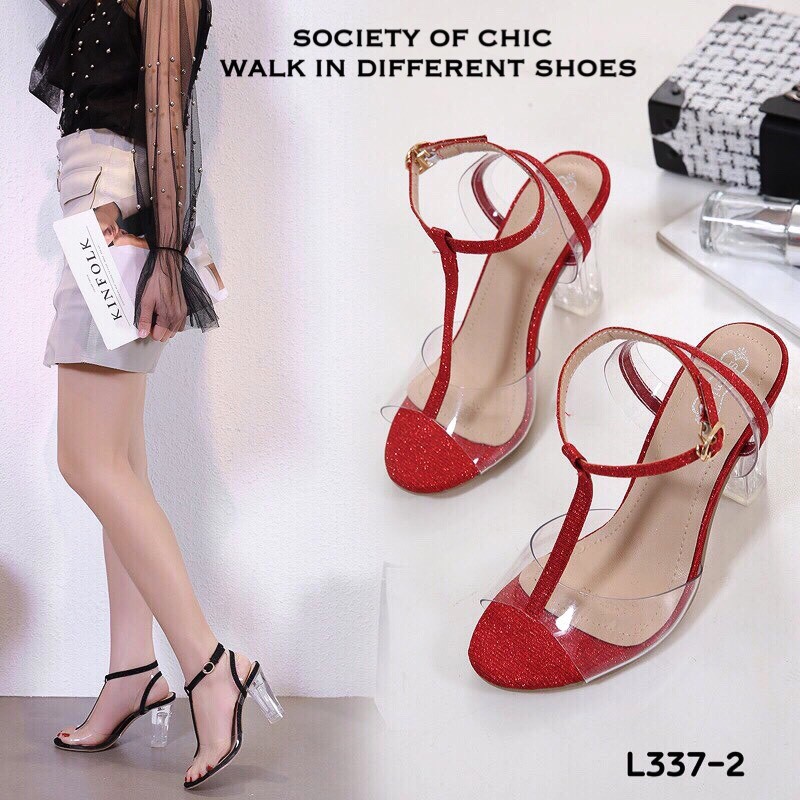 รองเท้าส้นสูง T-Strap กลิตเตอร์ (สีดำ)