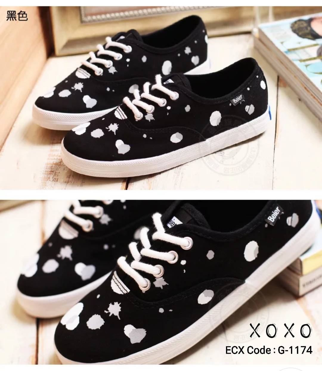 รองเท้าผ้าใบทรงkedsแต่งสี (สีดำ)