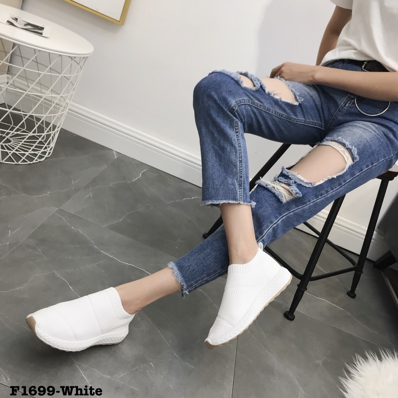 รองเท้าผ้าใบผ้าทอทรงสวมสไตล์ Sport (สีขาว)