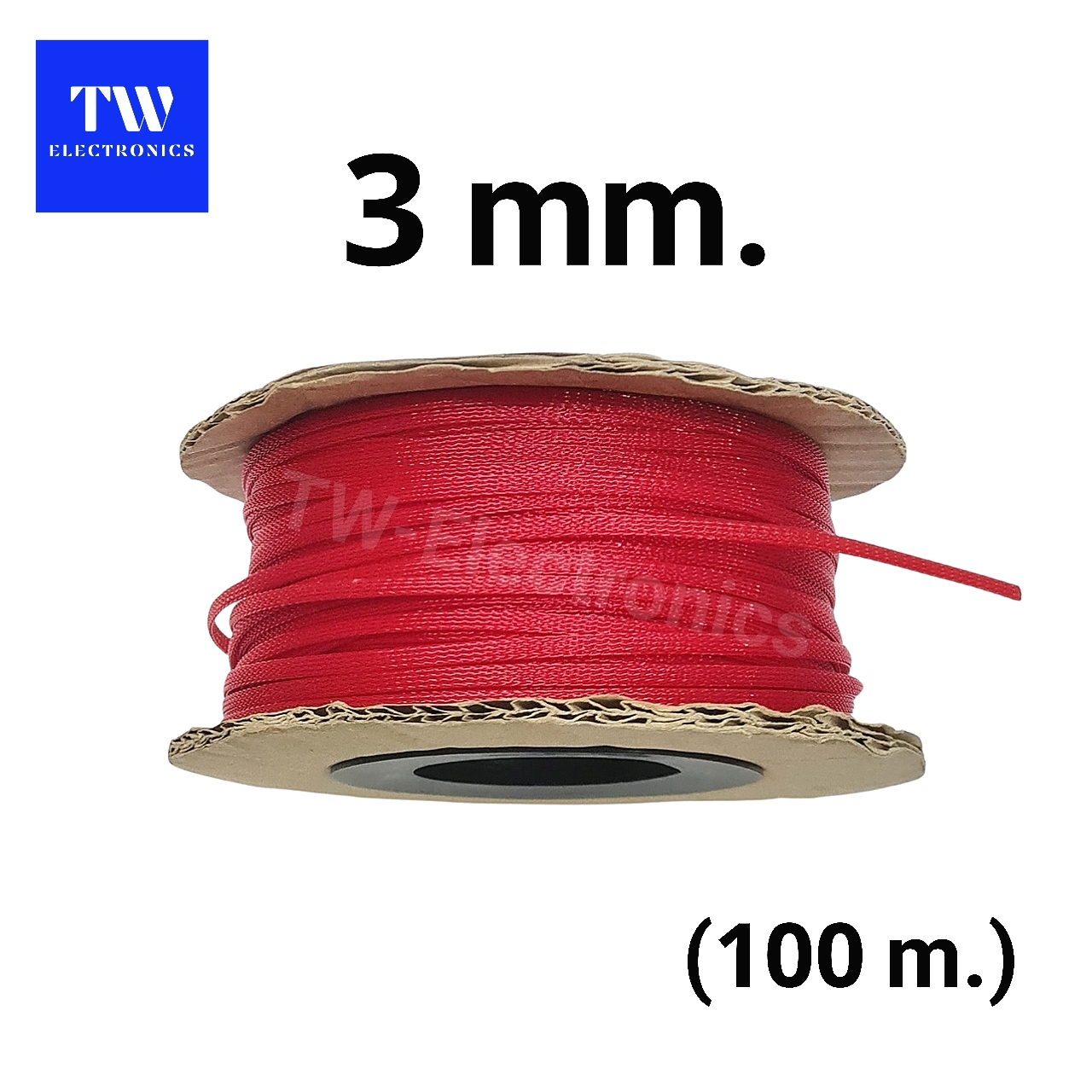 สายถักหุ้มสายไฟ 3 mm. (สีแดง) / แบบม้วน 100 เมตร