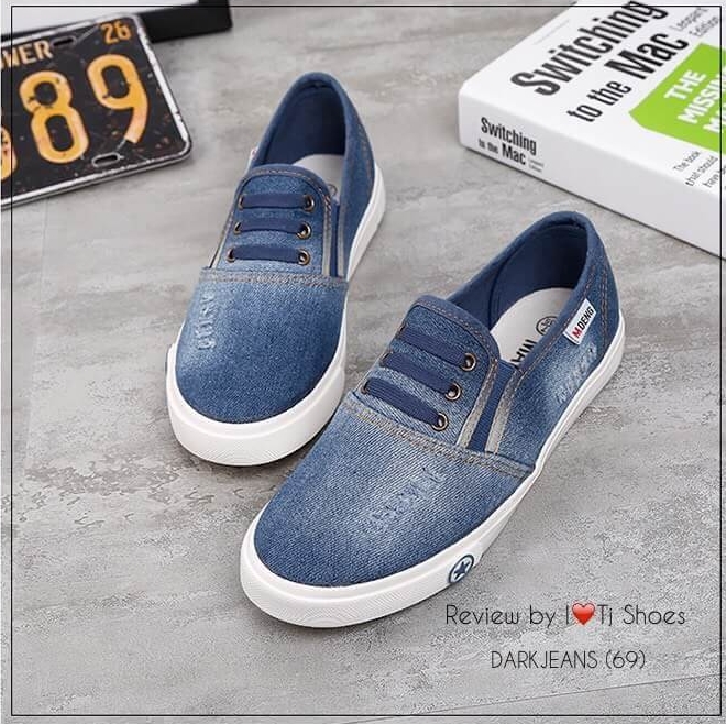 รองเท้าผ้าใบยีนส์ Slip on แต่งเชือก (สีอ่อน)