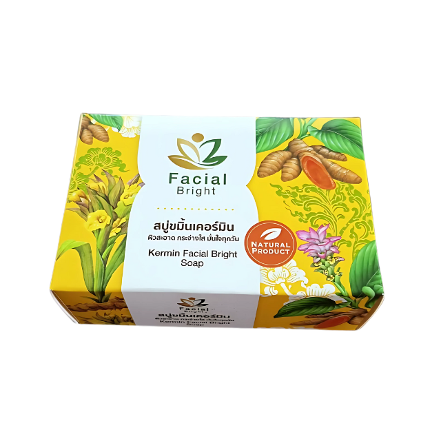 สบู่ขมิ้นชัน Kermin Facial Bright สบู่เคอร์มิน เฟเชียลไบรท์ ใช้นวัตกรรมกักเก็บสารสกัดขมิ้นชันให้อยู่ในแคปซูลที่เล็กมากๆ และจะแตกตัวขณะใช้งาน