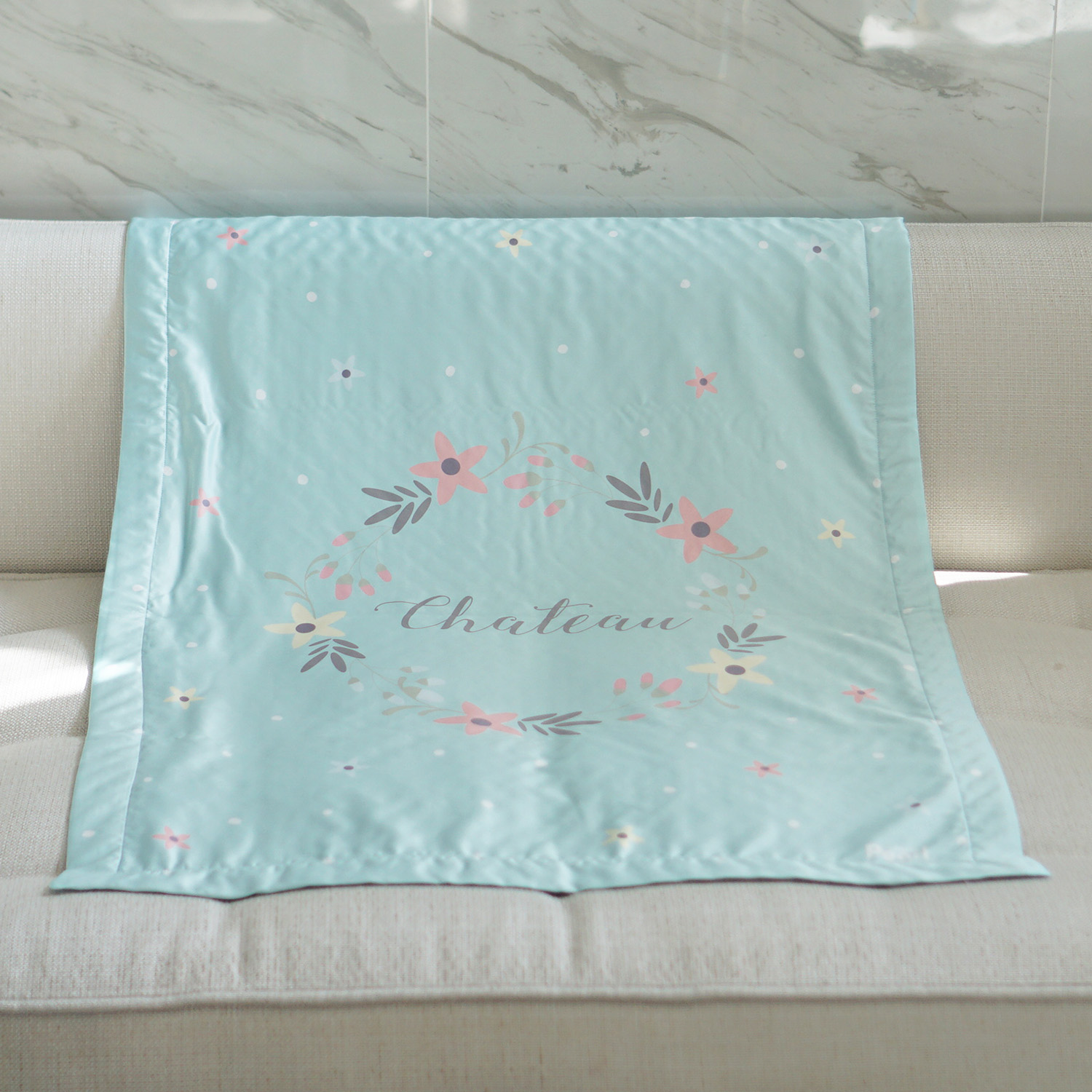 ผ้าห่ม ใส่ชื่อ ลาย Floral Frame - Mint
