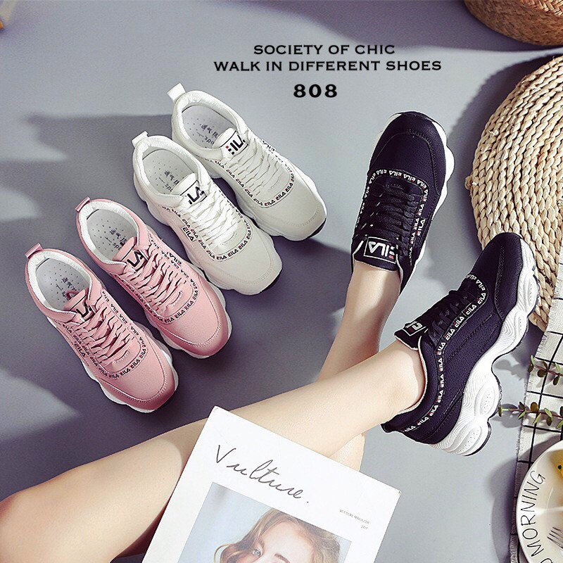 รองเท้าผ้าใบสไตล์Sportแต่งลาย (สีชมพู)