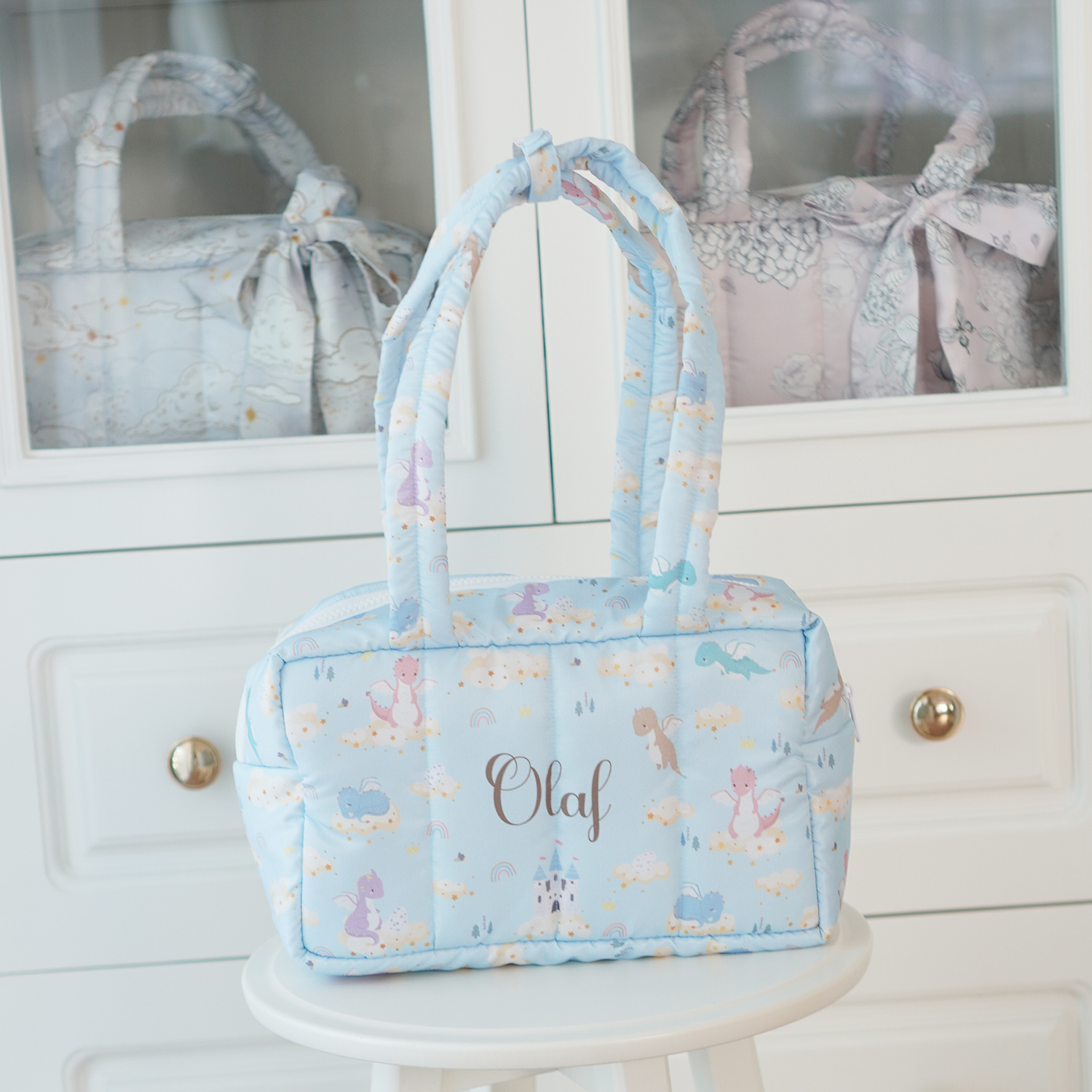 Fluffy Bowling Bag กระเป๋านุ่มนิ่ม ทรง Bowling สั่งทำใส่ข้อความ ลาย Dragon - Blue