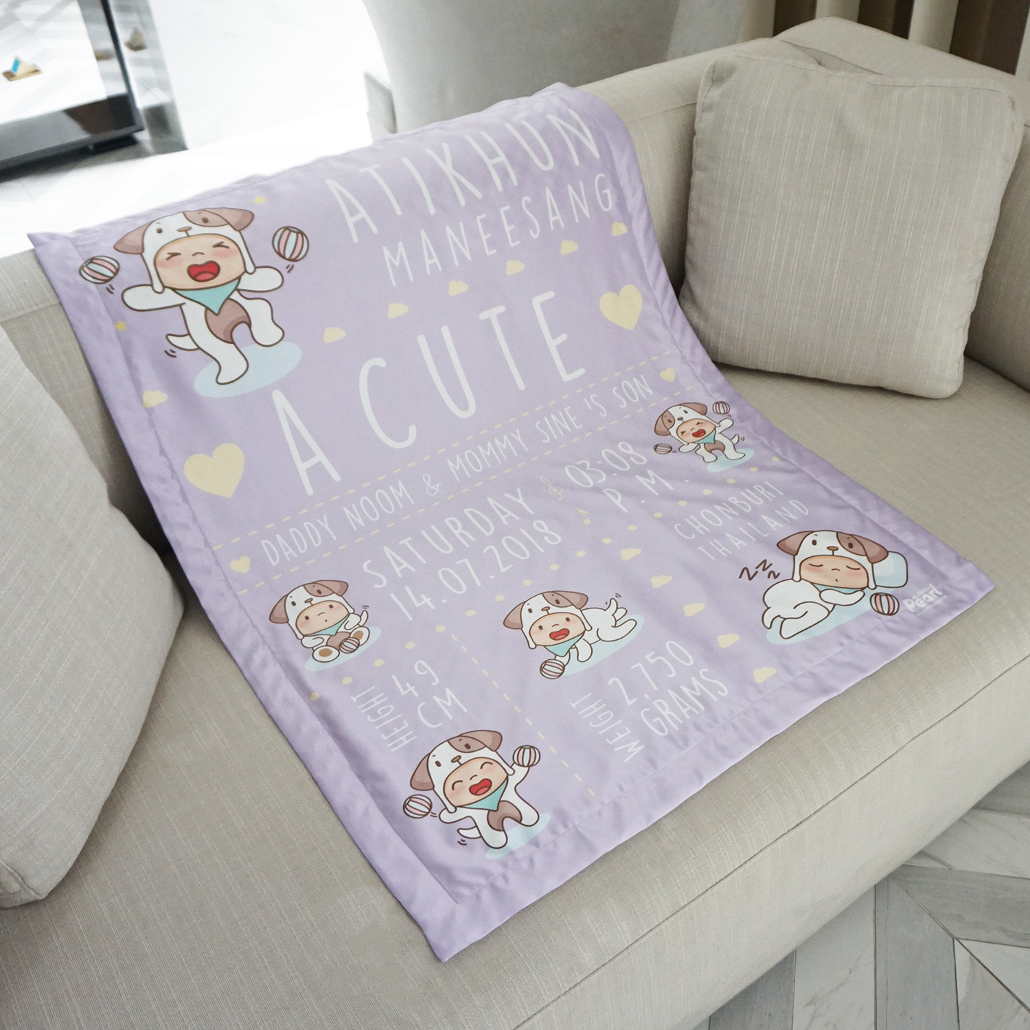 ผ้าห่มเด็ก ใส่ประวัติแรกเกิด ลายปีจอ - Puppy - Purple