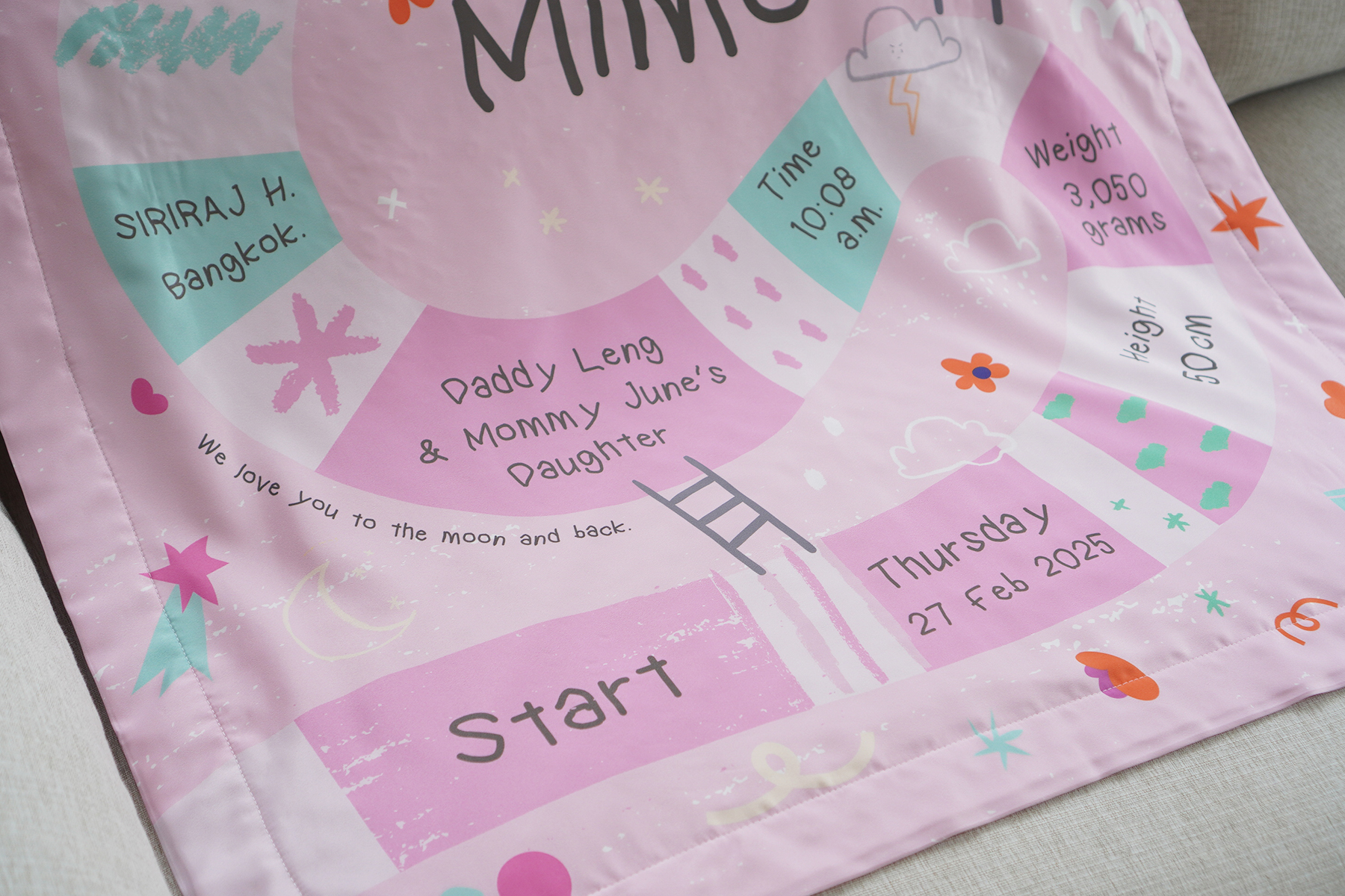 ผ้าห่มเด็ก สั่งทำใส่ชื่อ ลาย Snake and Ladders - Pink