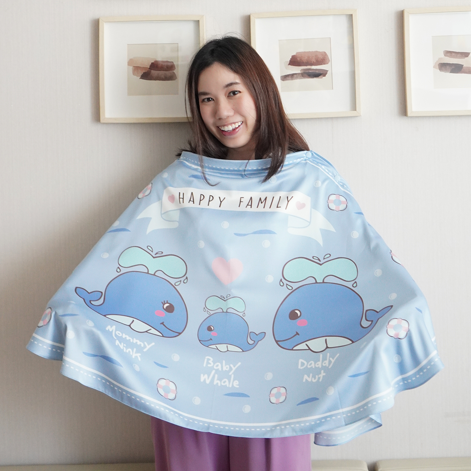 ผ้าคลุมให้นม 3in1 (รุ่นมีกระดุม ถอดโครงได้) แบบสั่งทำใส่ชื่อ ลาย Whale - Blue