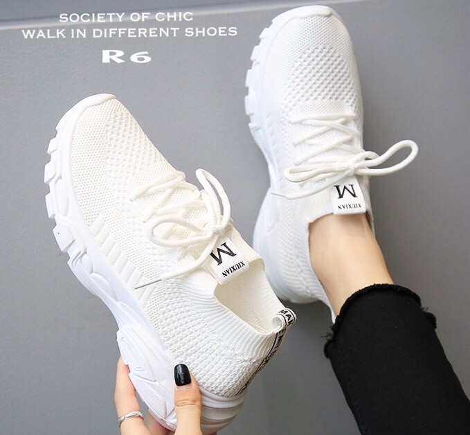 รองเท้าผ้าใบแฟชั่นขอบถุงเท้าสไตล์ Sport (สีชมพู)