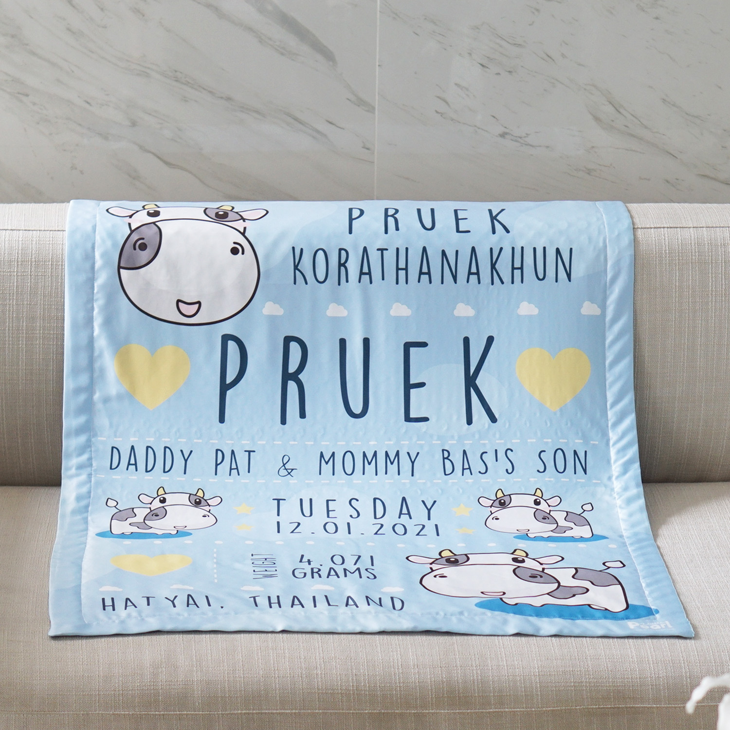 ผ้าห่มเด็ก ใส่ประวัติแรกเกิด ลายวัว Cow1 - Blue