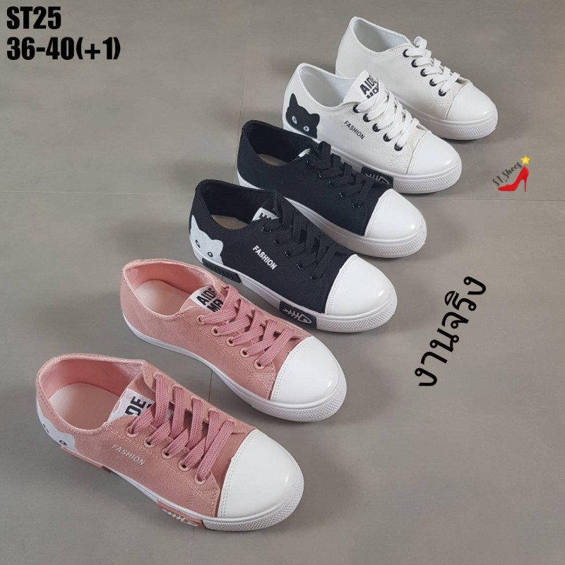 รองเท้าผ้าใบสกรีนลายน้องแมว (สีดำ)