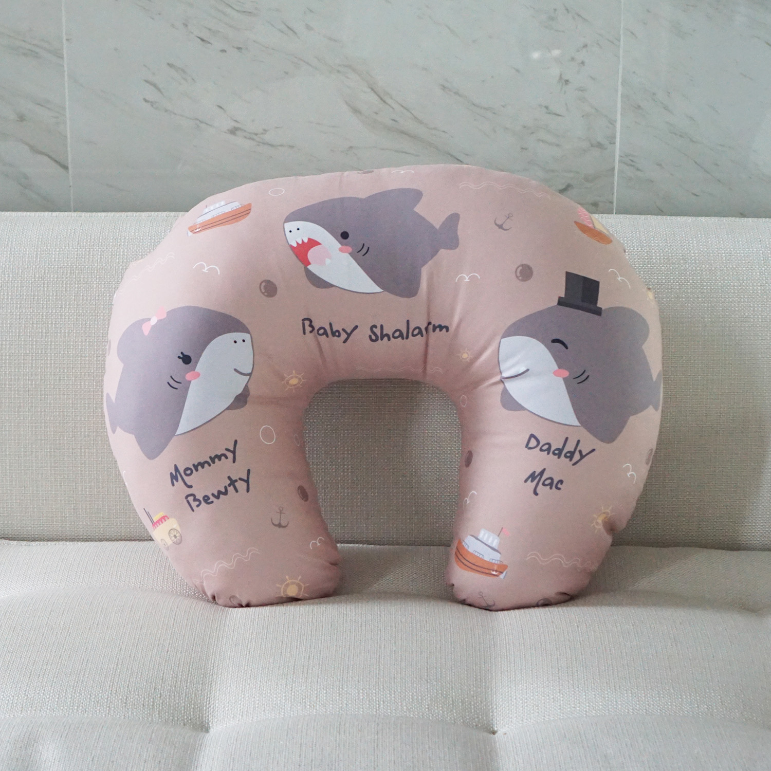 หมอนรองให้นม สั่งทำใส่ชื่อ ลาย Shark - Brown