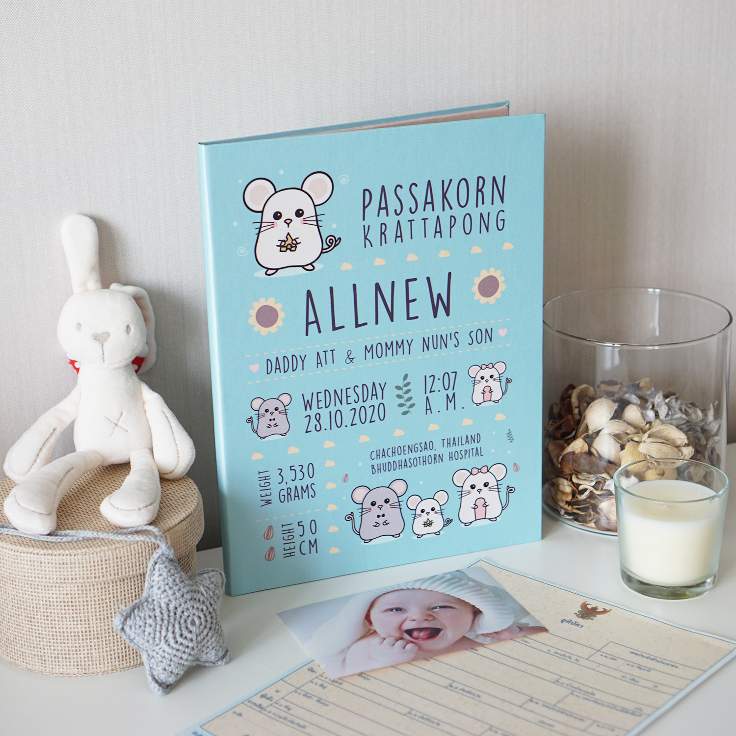 แฟ้มทะเบียนสมรส/สูติบัตร สั่งทำใส่ข้อความ ลาย Mini Mouse - Blue