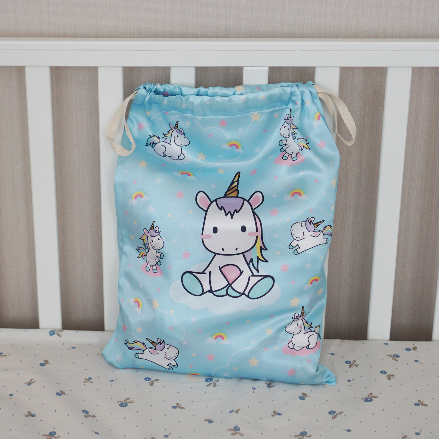 ถุงผ้าซาตินพร้อมส่ง ไซส์ L ลาย Unicorn - Blue