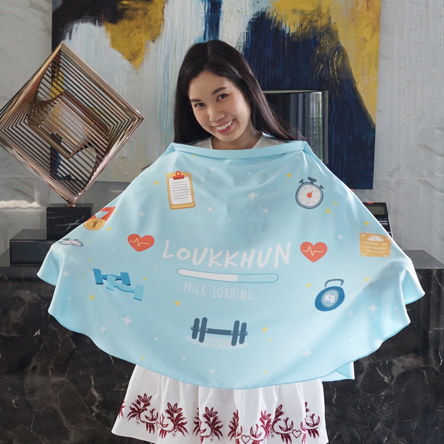 ผ้าคลุมให้นม สั่งทำใส่ชือ ลาย Fitness - Blue