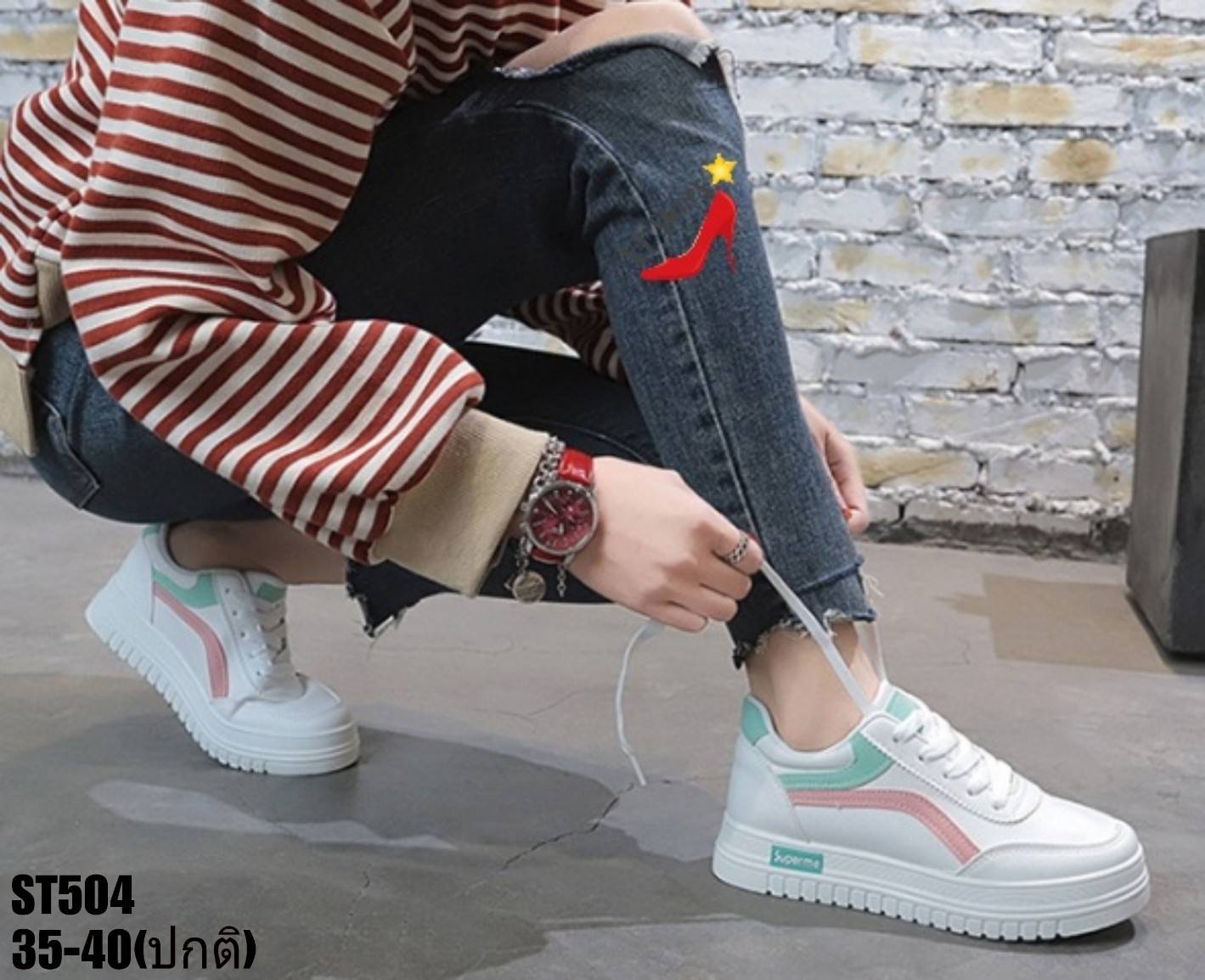 รองเท้าผ้าใบแฟชั่นแต่งแถบสีพาสเทล (น้ำเงิน)