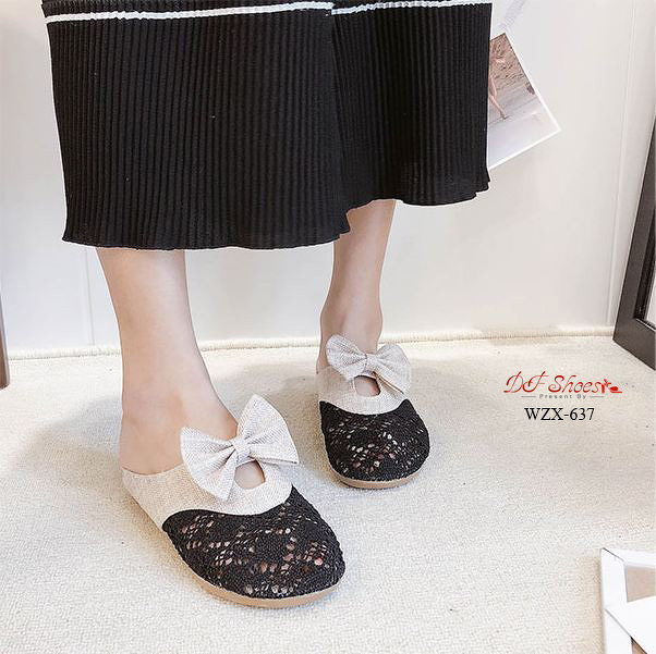 รองเท้าลูกไม้เปิดส้นแต่งโบว์ (สีดำ)