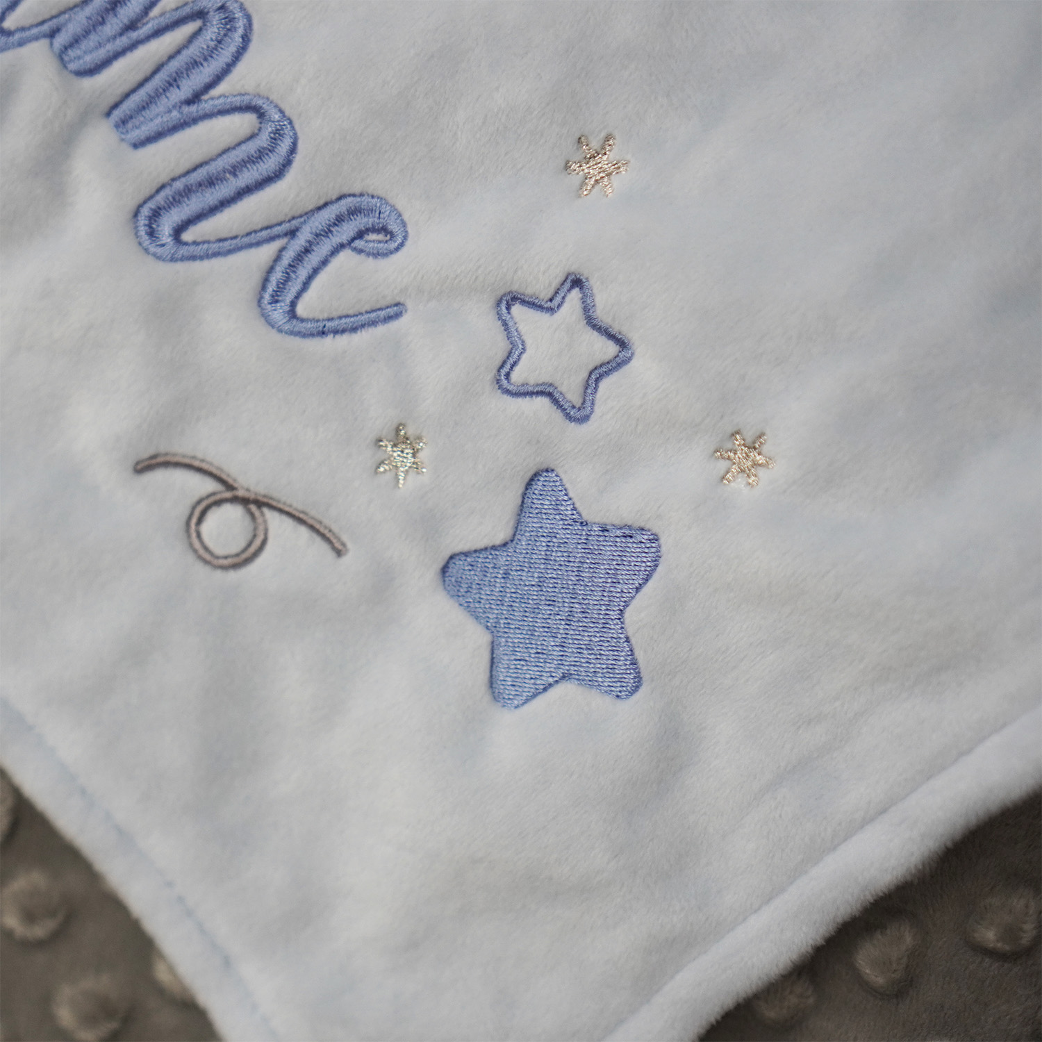 ผ้าห่ม Minky - สีฟ้า + เทา 75x100cm แบบปักชื่อ+icon - Star
