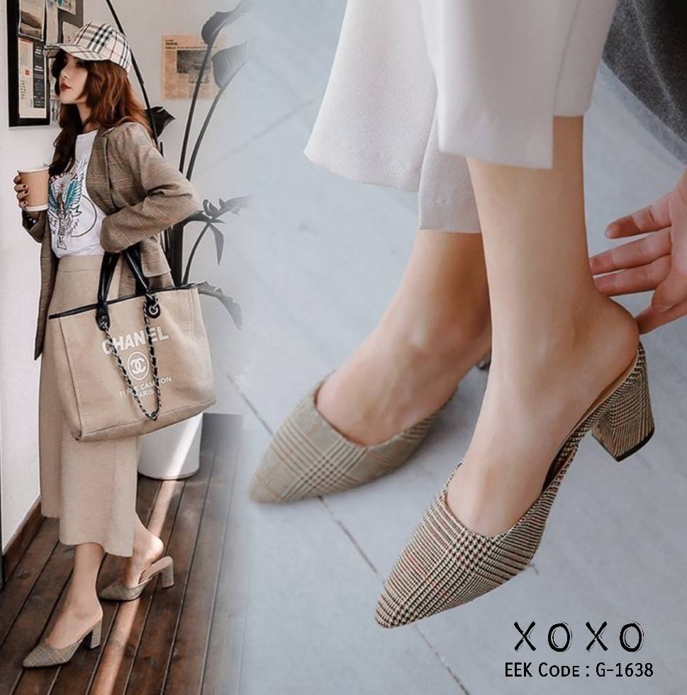 รองเท้าเปิดส้นทรงวีแต่งลาย (สีน้ำตาล-ครีม)