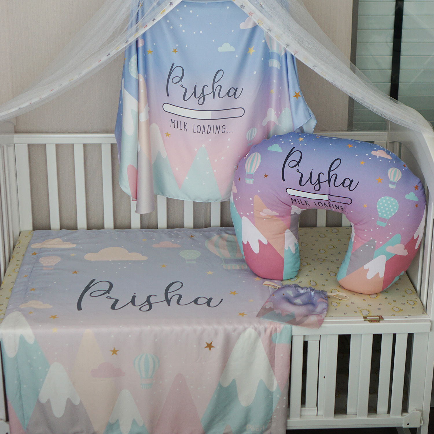 ชุดของขวัญเด็กแรกเกิด NP3 ผ้าห่ม ขนาด 75x100cm + ผ้าคลุมให้นม + หมอนรองให้นม ลาย Mountain - Lavender