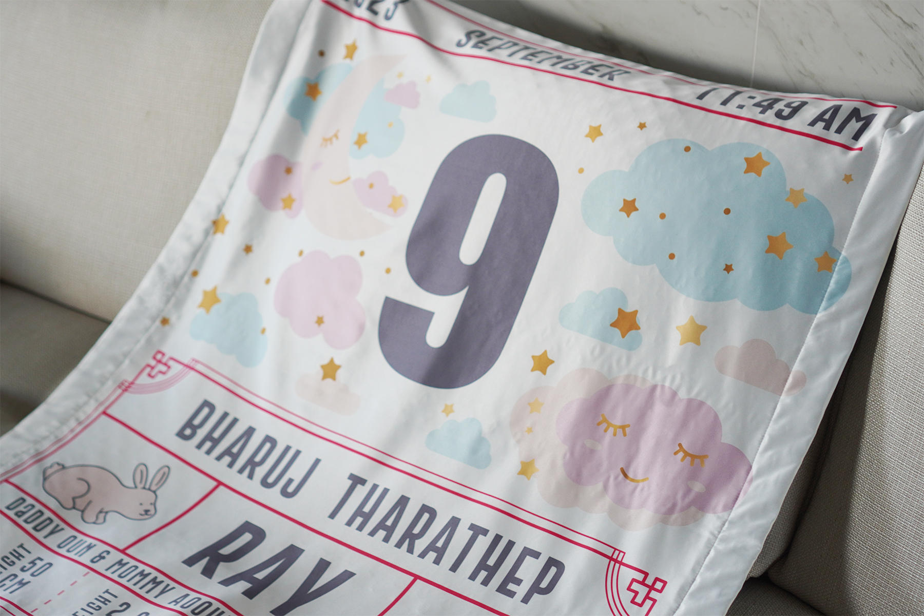 ผ้าห่มเด็ก ใส่ประวัติแรกเกิด ลาย Chinese Calendar - Moon - White/Grey