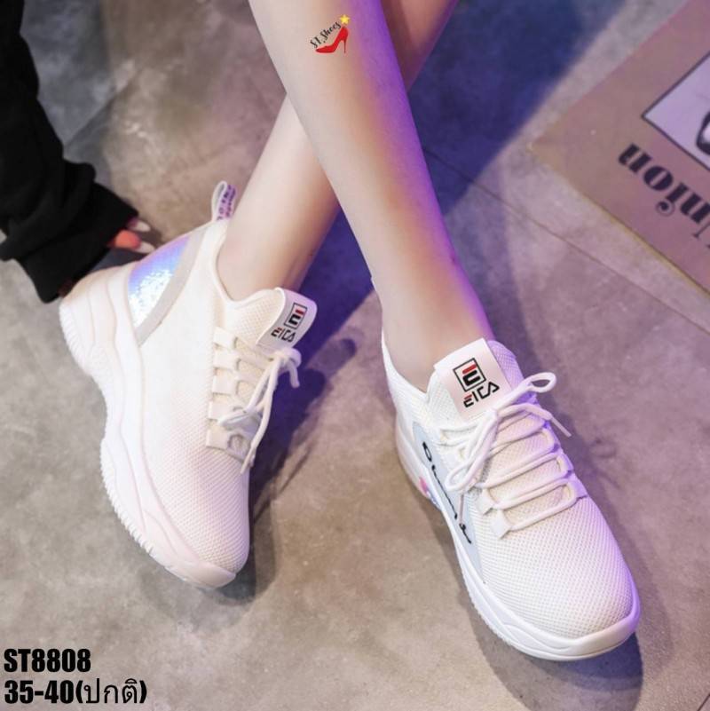 รองเท้าผ้าใบเสริมส้นปักเหลื่อมสไตล์Sport (สีดำ)