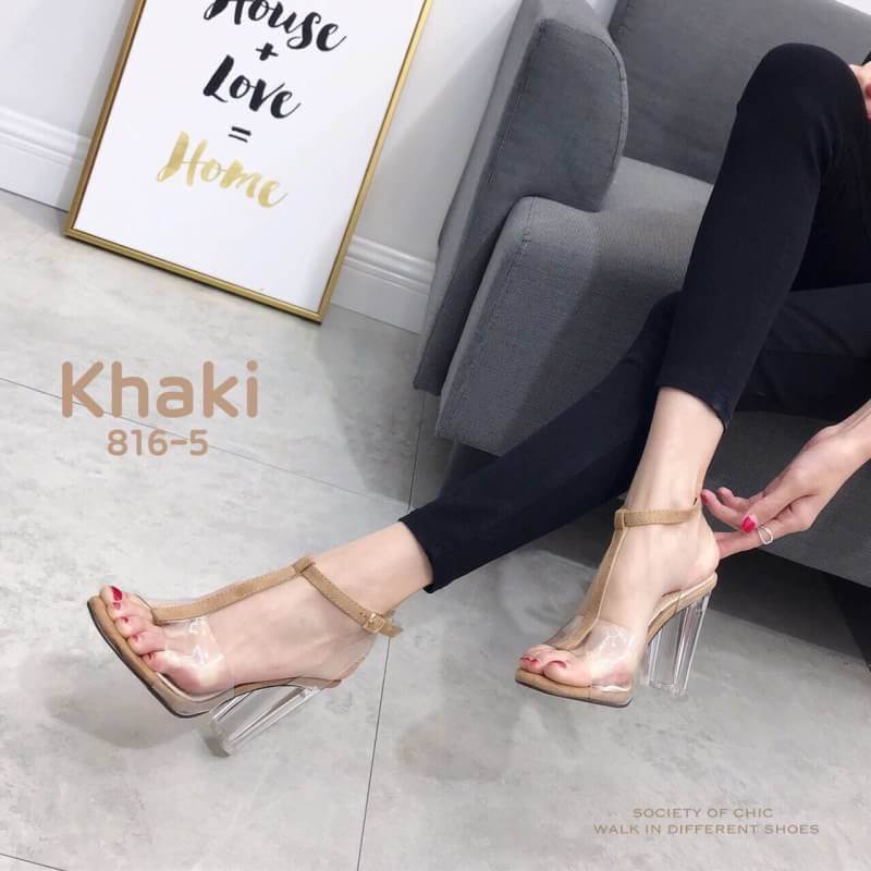 รองเท้าส้นแก้วทรง T-Strap (สีดำ)