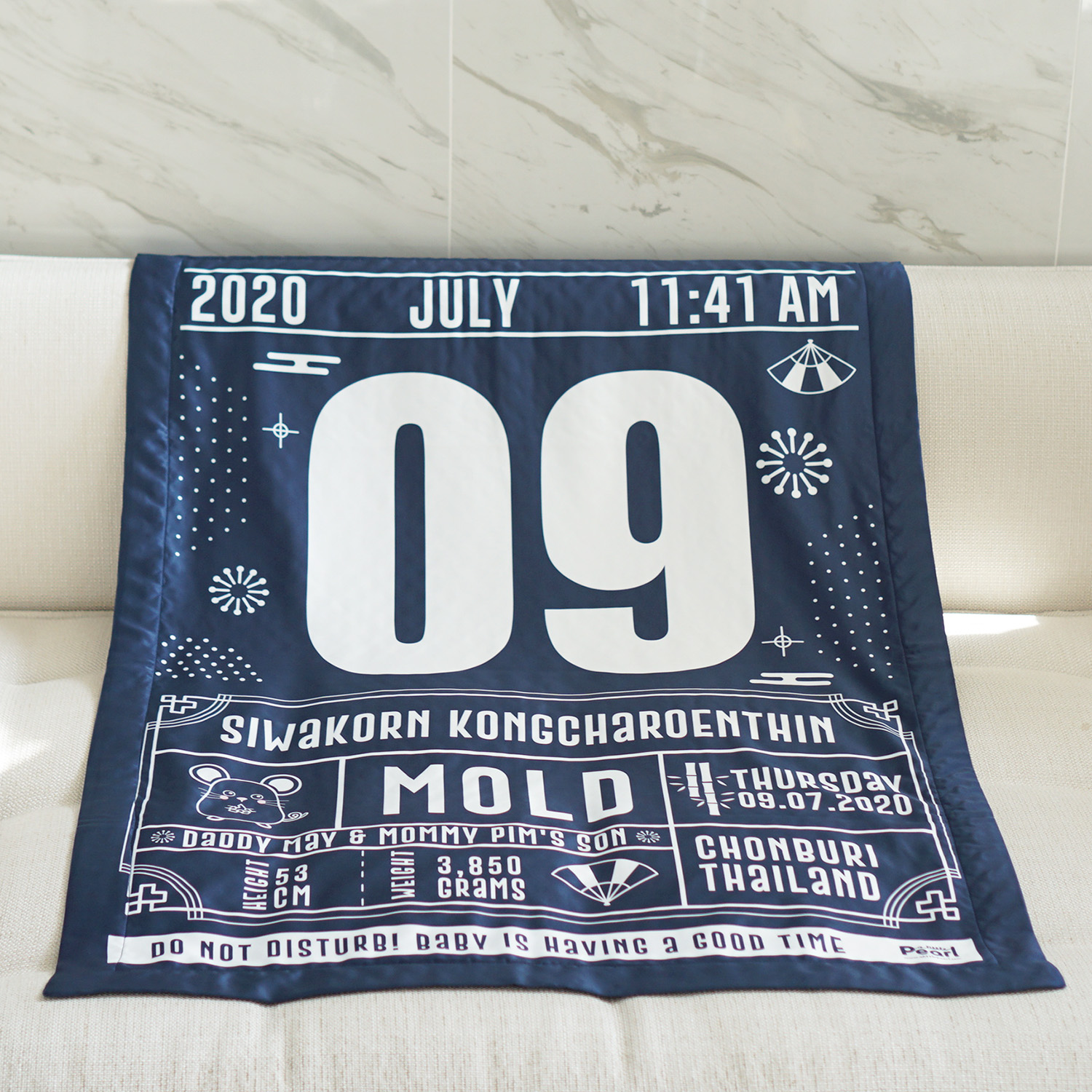 ผ้าห่มเด็ก ใส่ประวัติแรกเกิด ลาย Chinese Calendar - Navy
