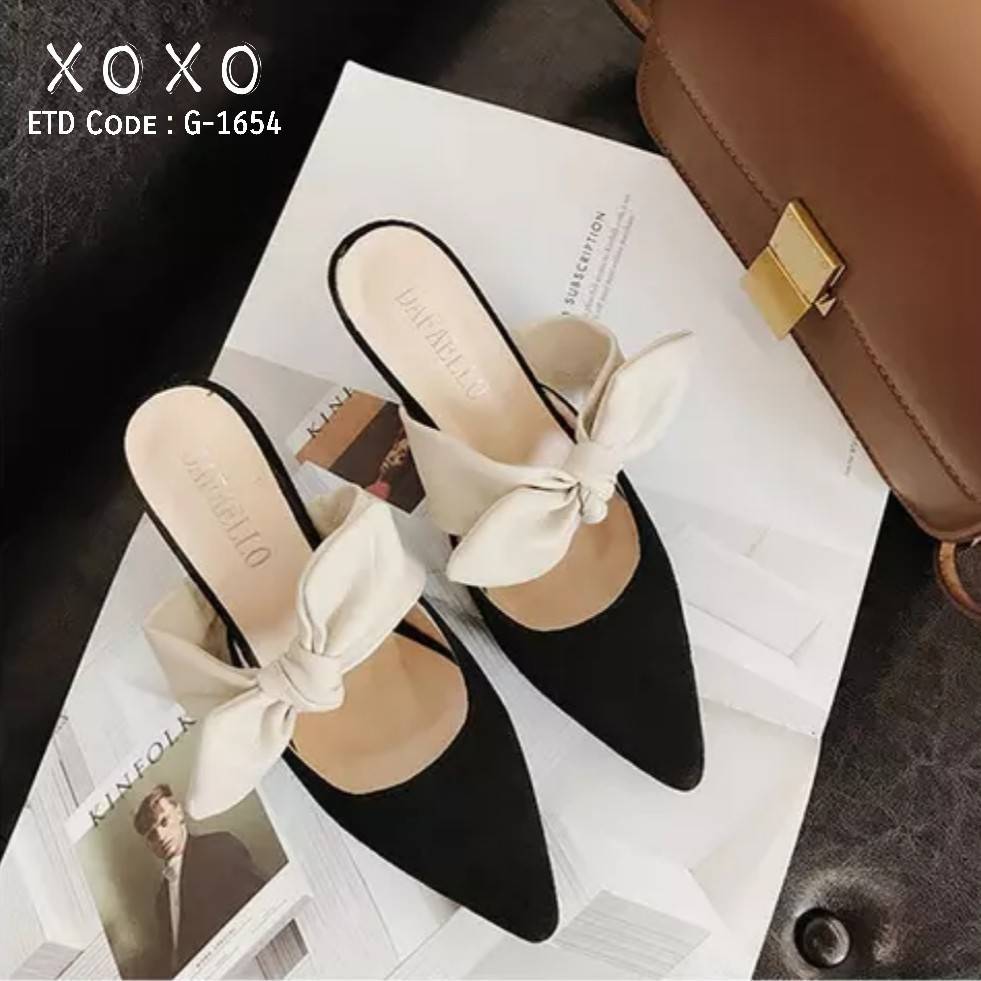 รองเท้าคัทชูเปิดส้นแต่งโบว์ (สีดำ)